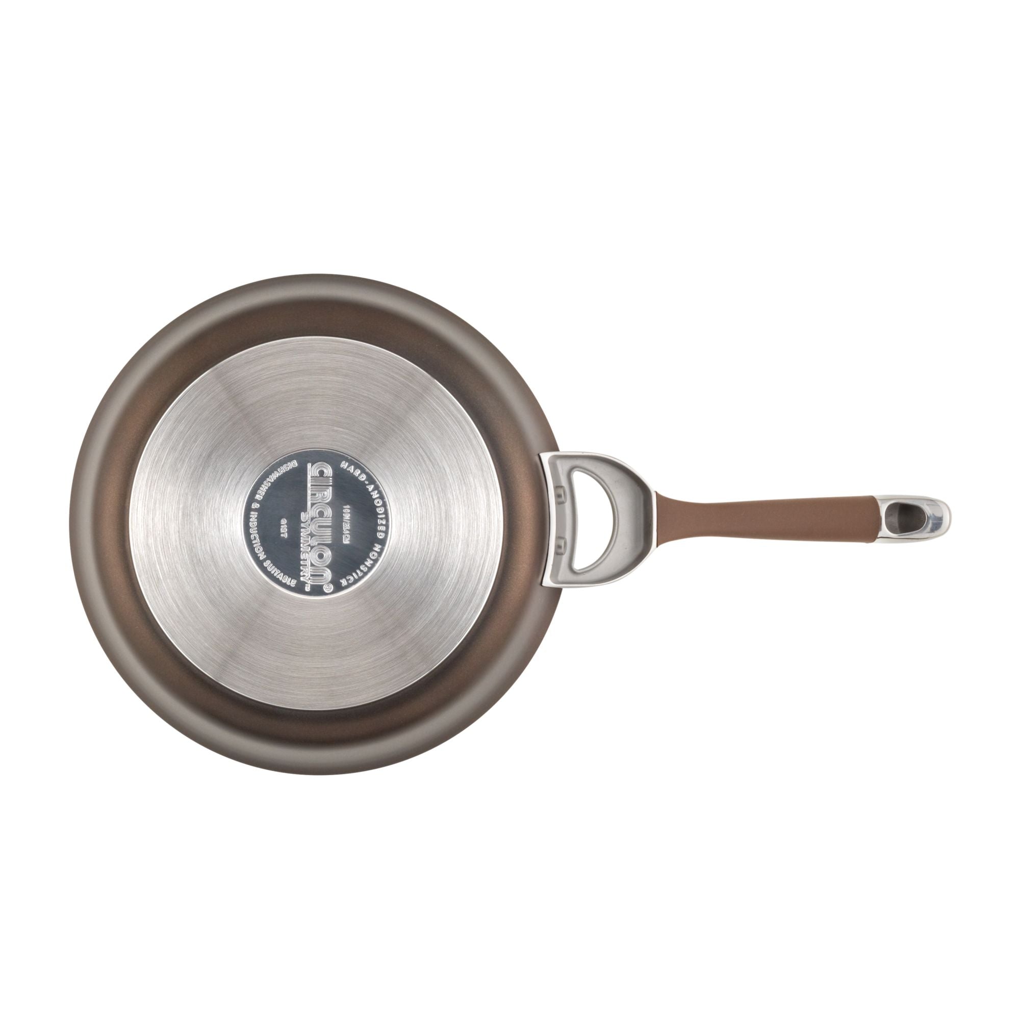 Top view of the 8.5-Inch Nonstick Frying Pan featuring a hard-anodized surface, a brown handle, and a stainless steel bottom, ideal for induction stovetops.