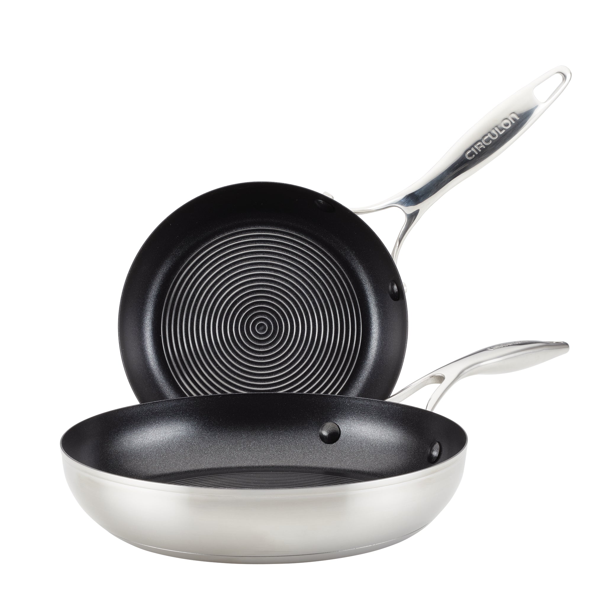 A set of 8" and 10.25" hybrid stainless steel frying pans with nonstick textured interiors, suitable for induction cooking.