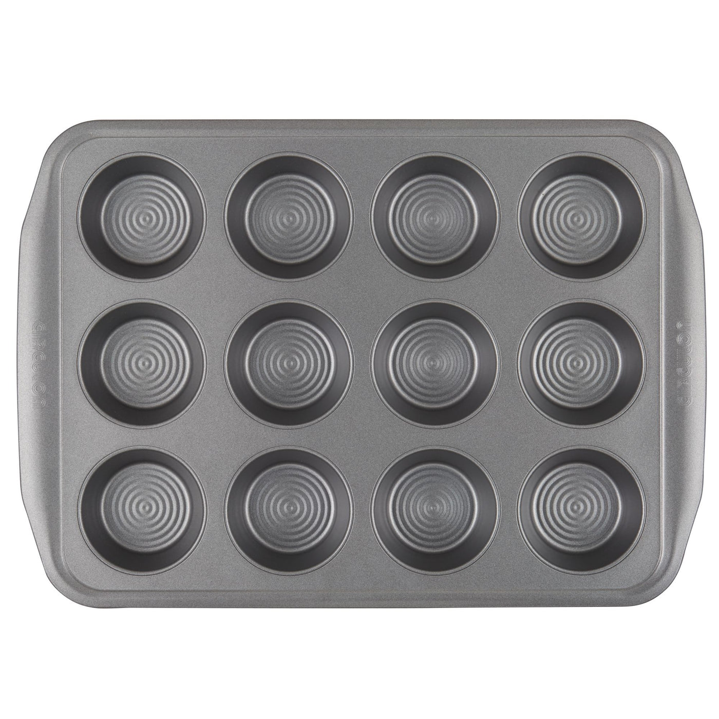The 10-Piece Nonstick Bakeware Set includes a heavy gauge steel muffin baking tray with twelve circular molds, providing exceptional warp resistance and a nonstick surface for easy release.