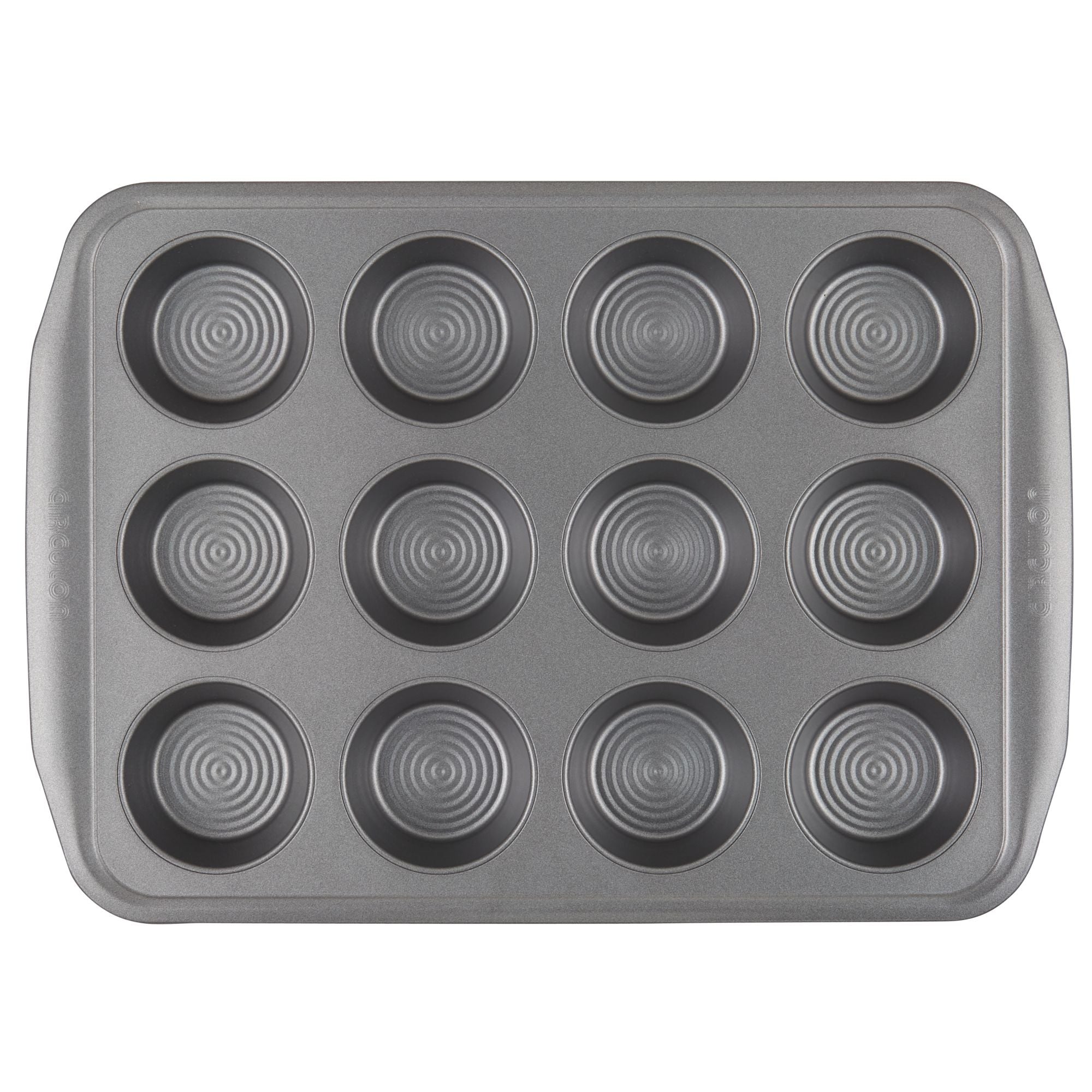 The 10-Piece Nonstick Bakeware Set includes a heavy gauge steel muffin baking tray with twelve circular molds, providing exceptional warp resistance and a nonstick surface for easy release.