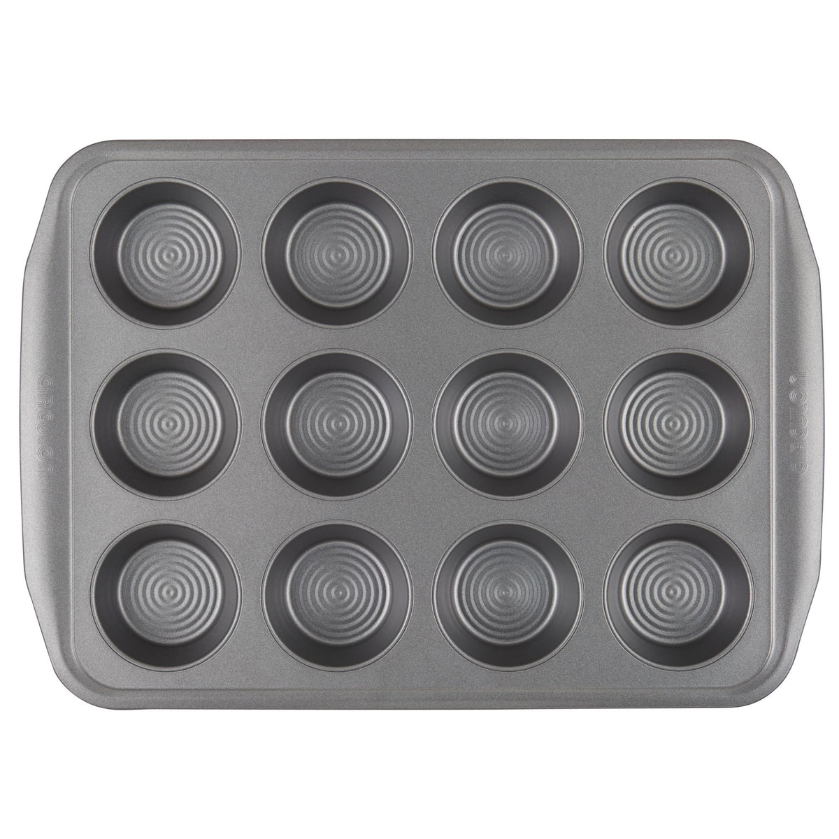 A top-view of a 12-cup Nonstick Muffin Pan that is oven-safe.